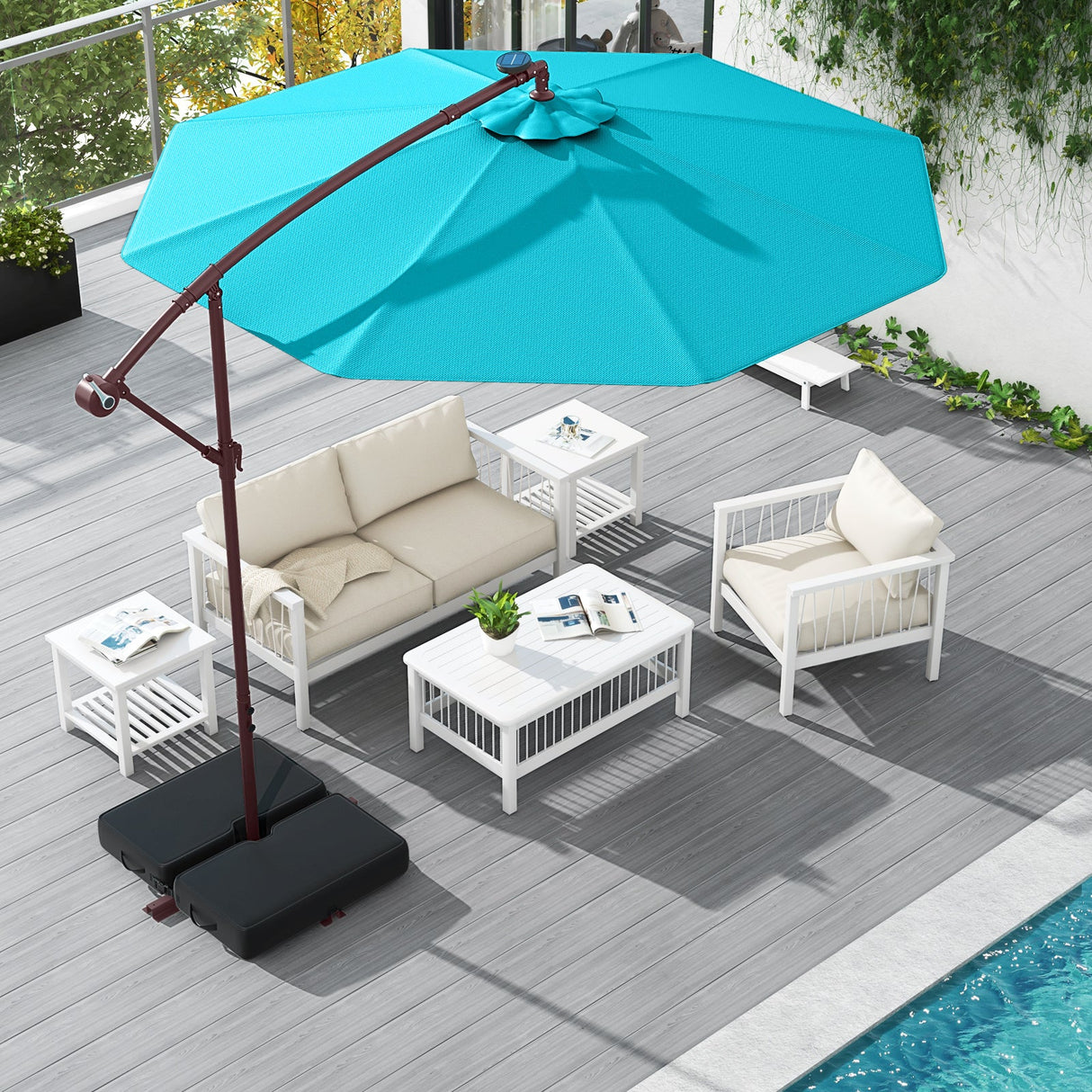 10 Ft Patio Umbrella Offset Cantilever Umbrella with 40 Solar Powered Lights-Turquoise by DirectDeals