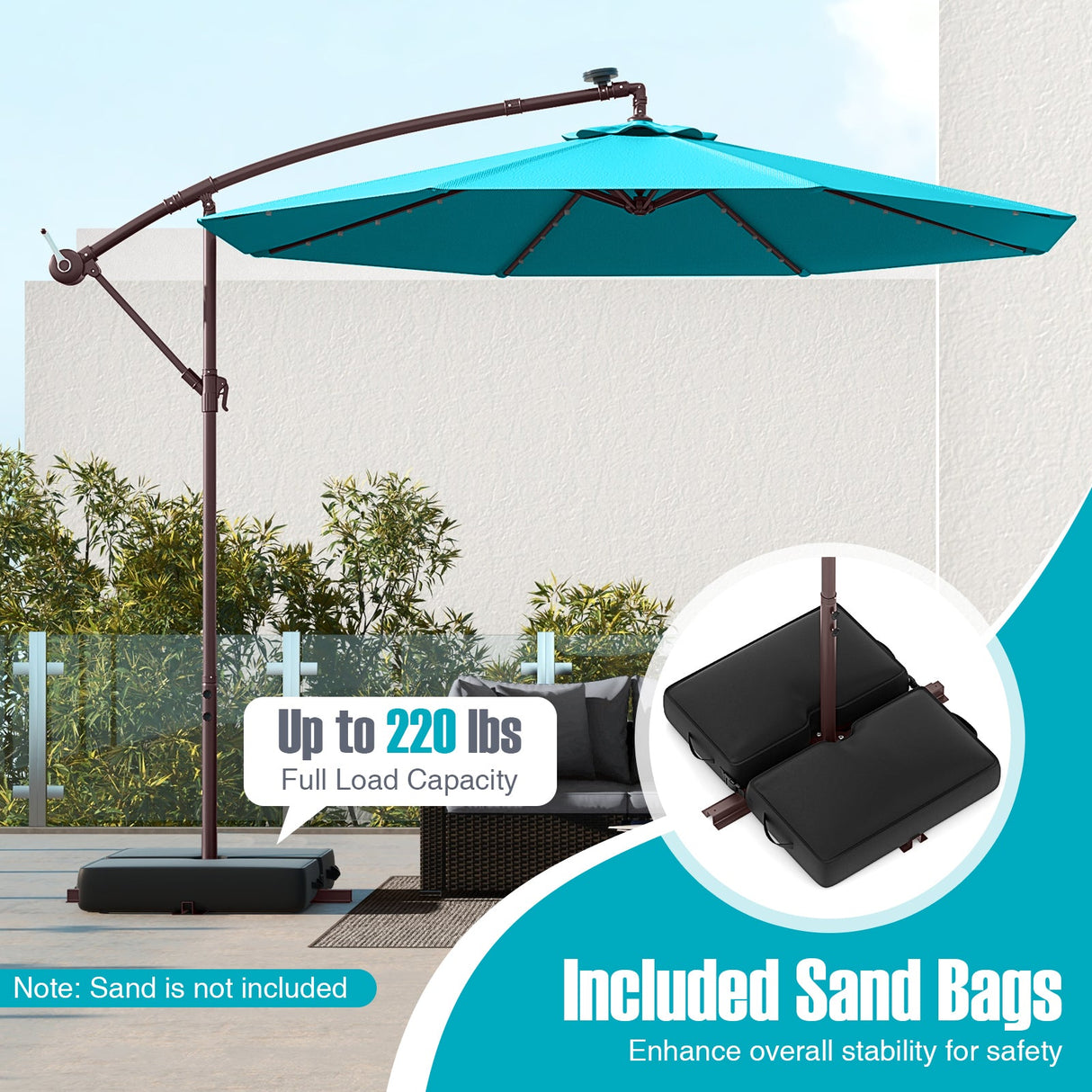10 Ft Patio Umbrella Offset Cantilever Umbrella with 40 Solar Powered Lights-Turquoise by DirectDeals