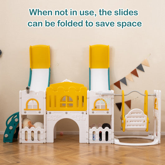 10-in-1 Toddler Swing and Slide Set Climber Playset with Basketball Hoop-Pink