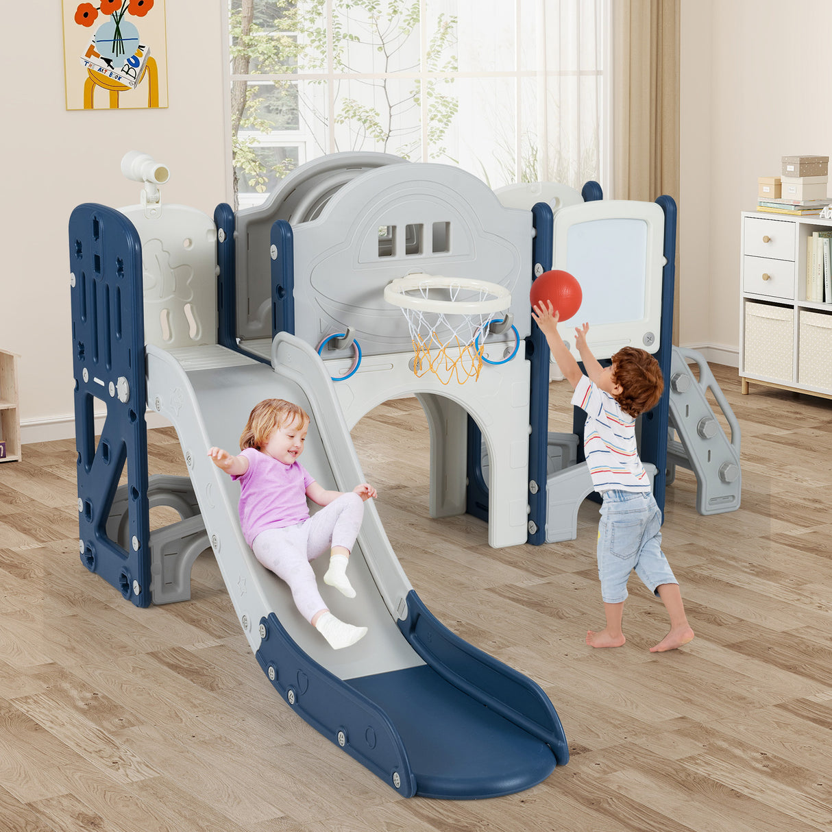 10 in 1 Toddler Slide Set Kids Slide and Climber Playset Indoor Playground-Blue