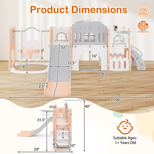 10-in-1 Toddler Swing and Slide Set Climber Playset with Basketball Hoop-Pink