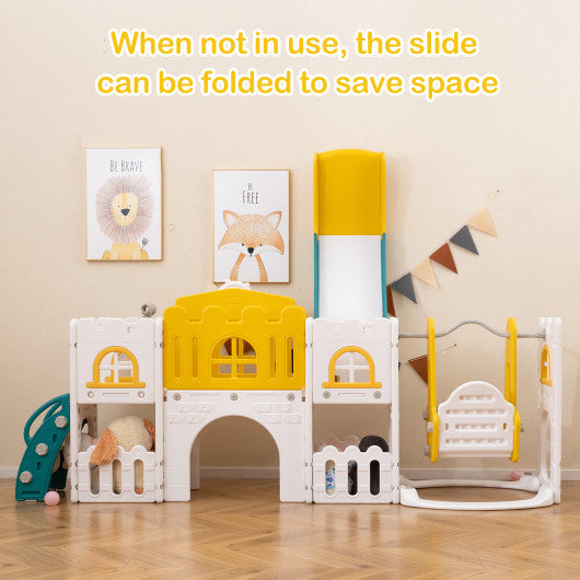 10-in-1 Toddler Swing and Slide Set Climber Playset with Basketball Hoop-Yellow