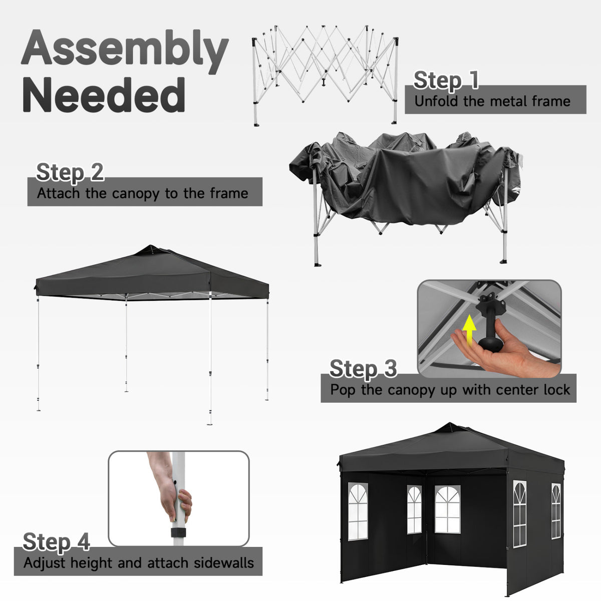 10 x 10 FT Pop Up Canopy Tent with 4 Sidewalls and Adjustable Height Waterproof-Black