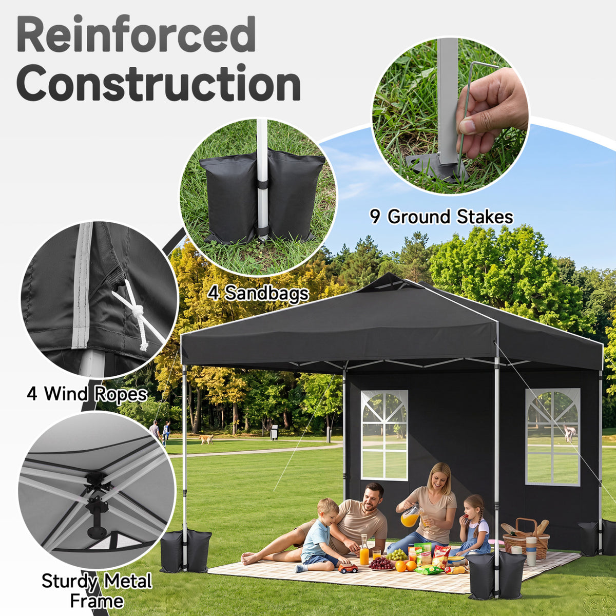 10 x 10 FT Pop Up Canopy Tent with 4 Sidewalls and Adjustable Height Waterproof-Black