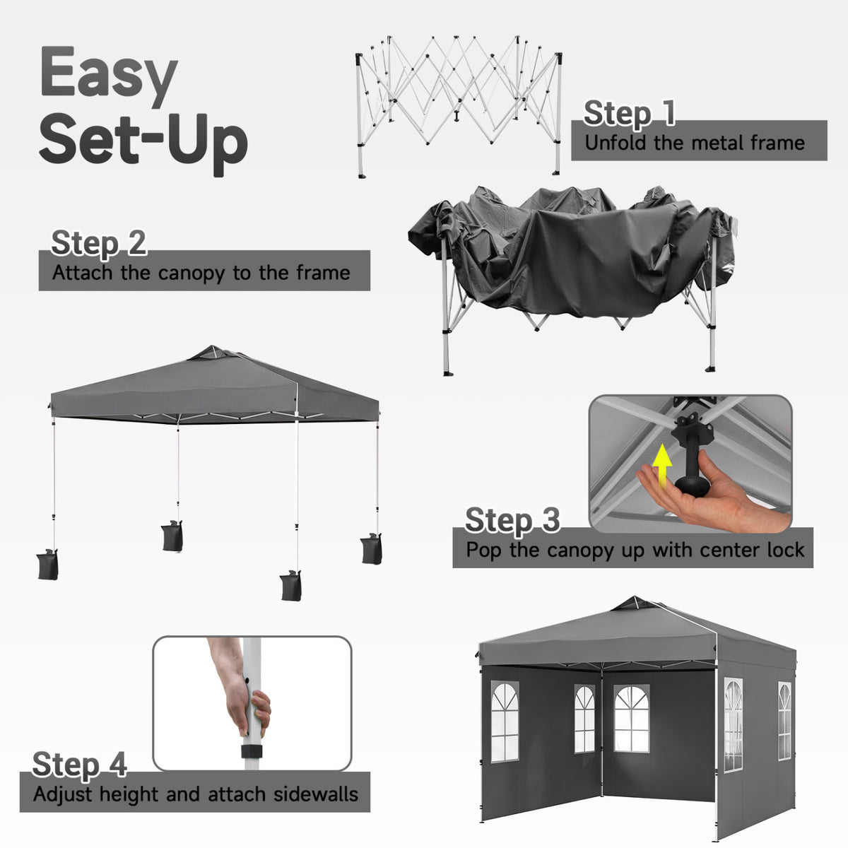 10 x 10 FT Pop Up Canopy Tent with 4 Sidewalls and Adjustable Height Waterproof-Gray
