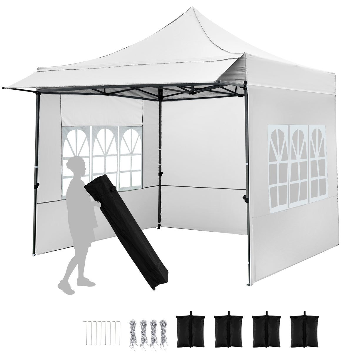 10 x 10 FT Pop up Canopy Tent with Sidewalls and Awning for Party Picnic Event-White