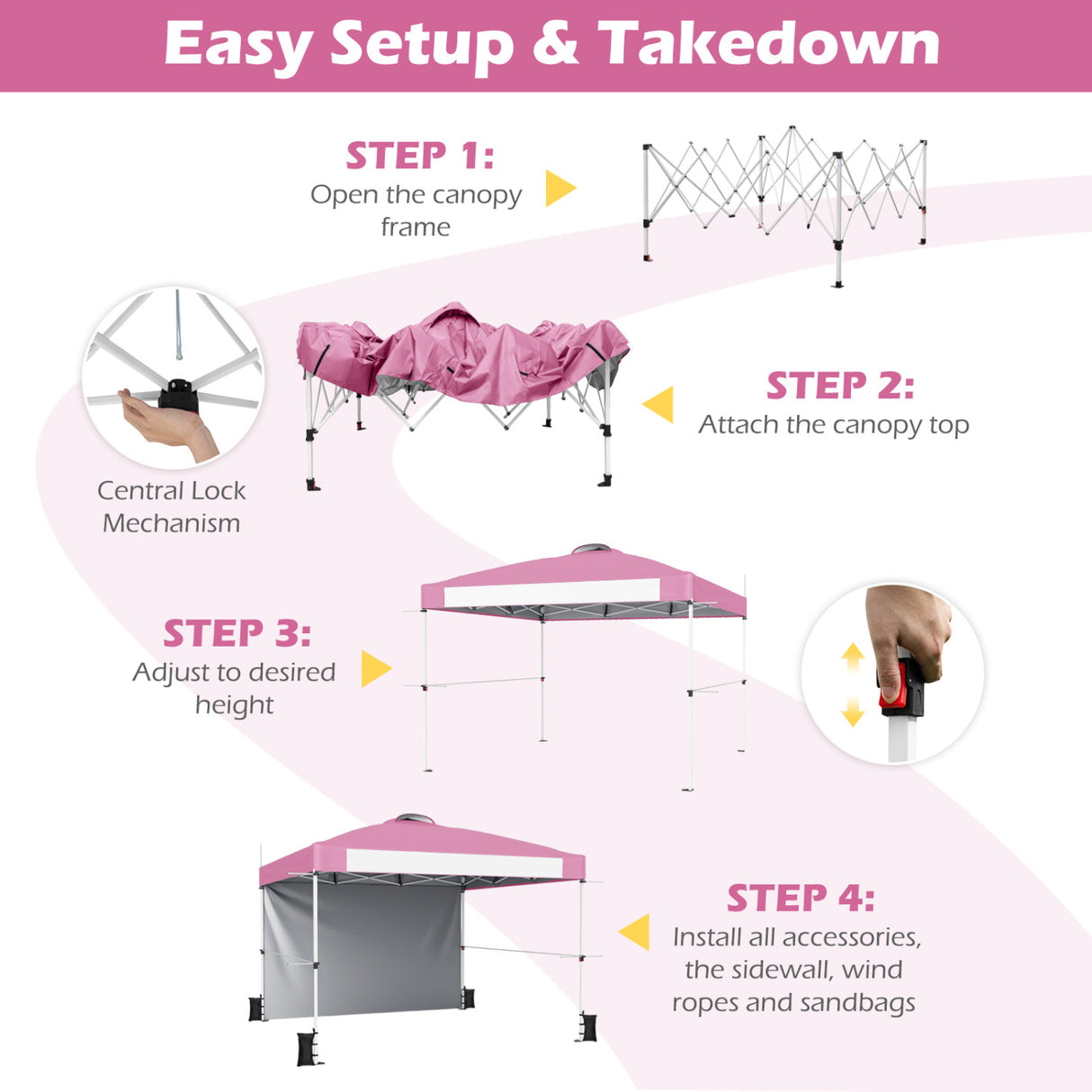 10 x 10 Feet Foldable Commercial Pop-up Canopy with Roller Bag and Banner Strip-Pink