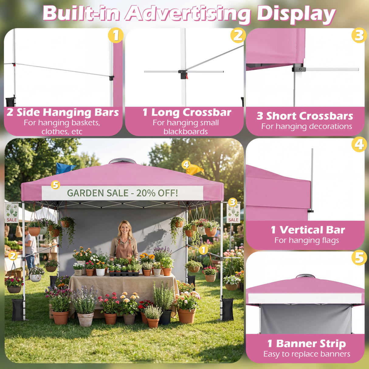 10 x 10 Feet Foldable Commercial Pop-up Canopy with Roller Bag and Banner Strip-Pink