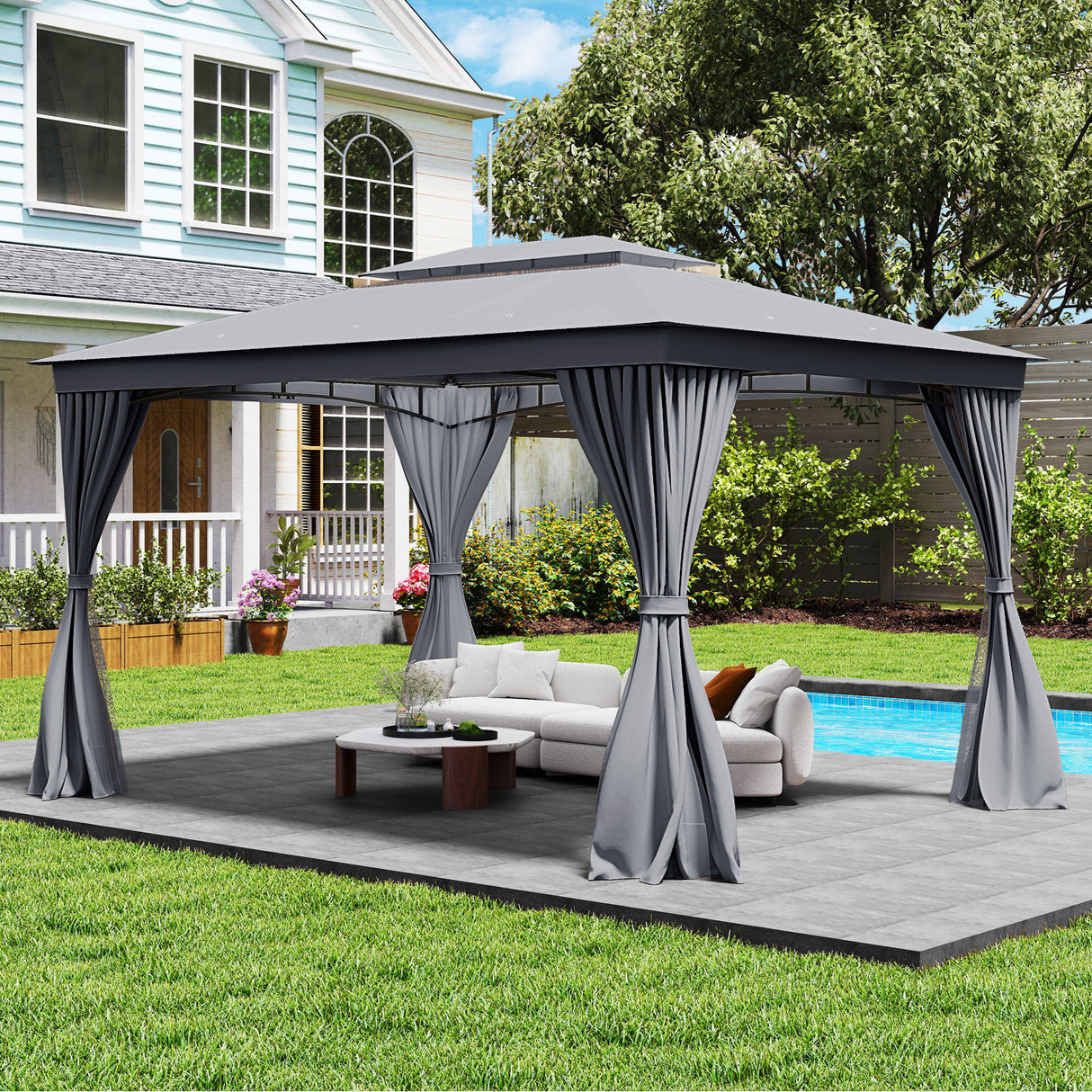 10 x 13 Feet Patio Gazebo Double-Roof with Mesh Netting and Privacy Curtains-Gray