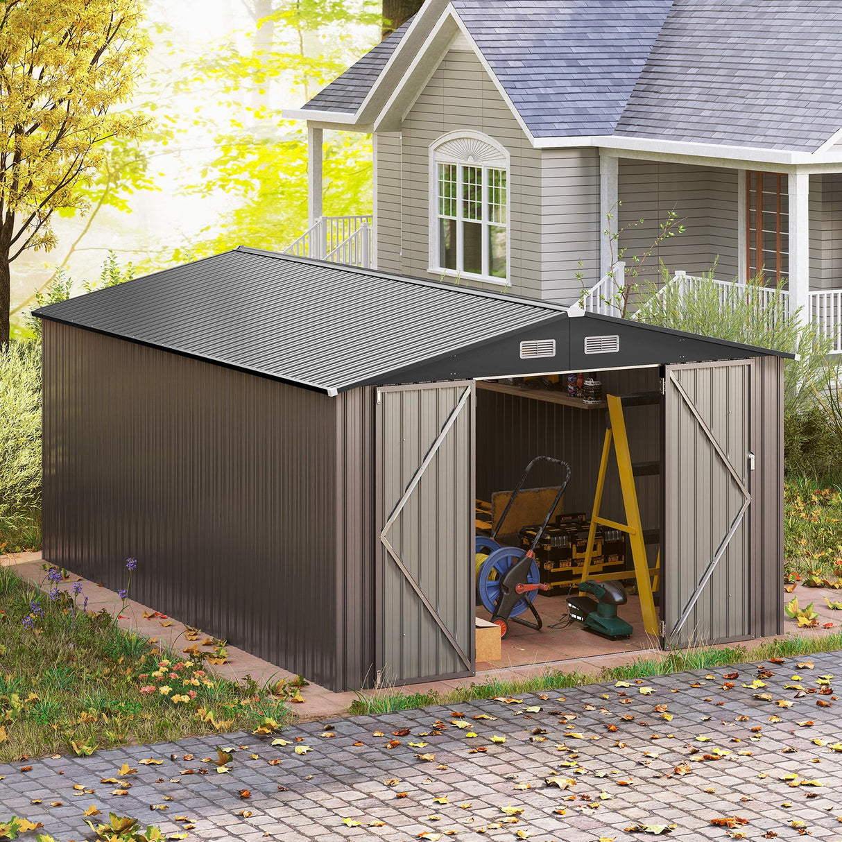 10 x 14 FT Outdoor Storage Shed with Improved Windproof Metal Structure-Gray by DirectDeals