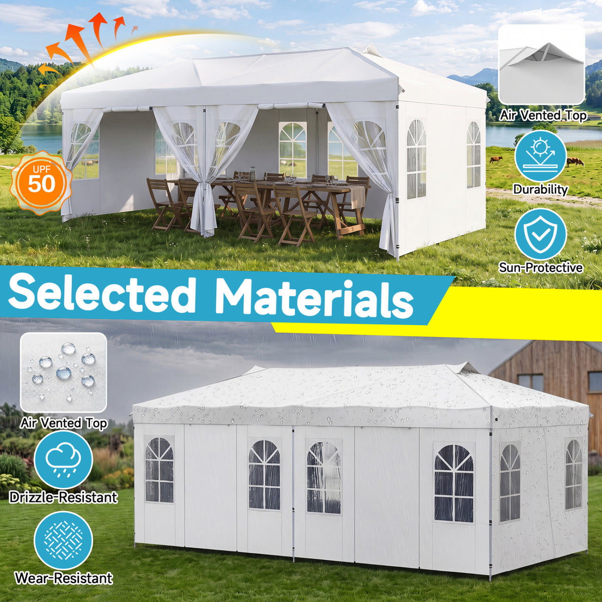 10 x 20 FT Pop Up Canopy Tent with 6 Sidewalls and Adjustable Height-White