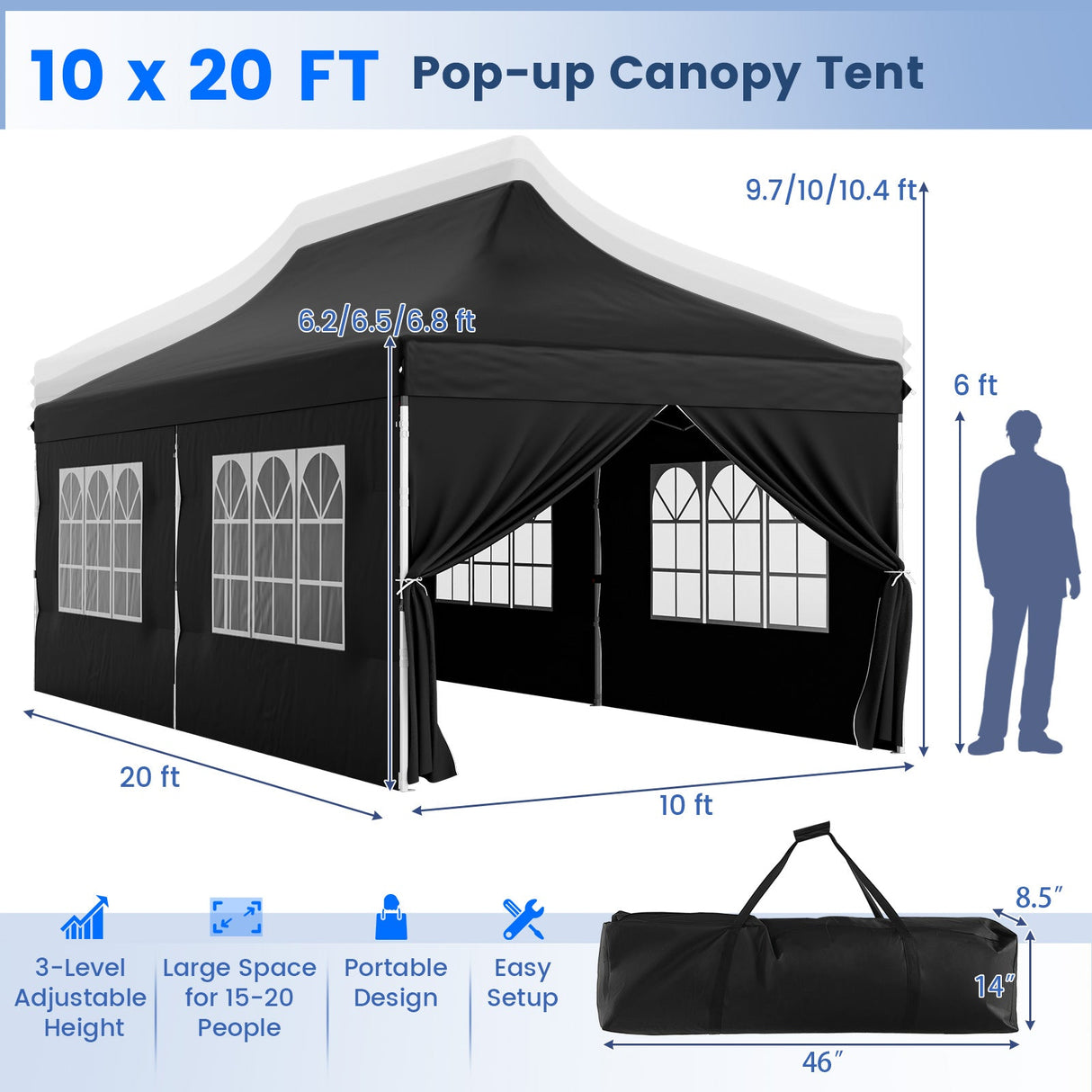 10 x 20 FT Pop up Canopy with 6 Sidewalls and Windows and Carrying Bag for Party Wedding Picnic-Black by DirectDeals