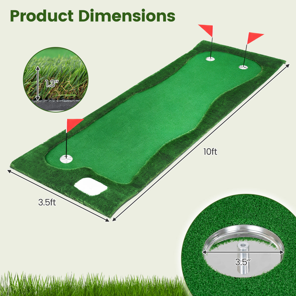 10 x 3.5ft Golf Putting Green with 3 Hole Cups and 3 Flags for Home Backyard Garage Office
