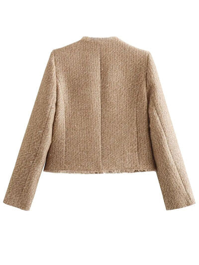 Luxury Camel Raw Hem Pocketed Round Neck Jacket Edgy & Casual Lightweight Outerwear