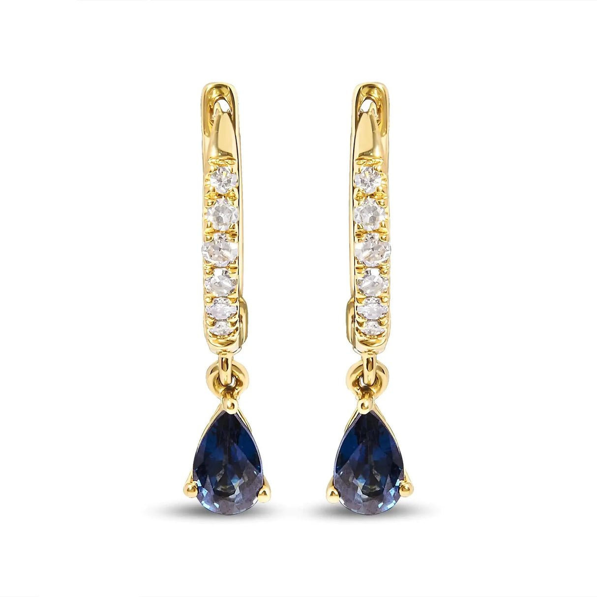 10K Yellow Gold Pear Blue Sapphire and 1/10 Cttw Diamond Drop and Dangle Huggy Hoop Earrings (H-I Color, I1-I2 Clarity)