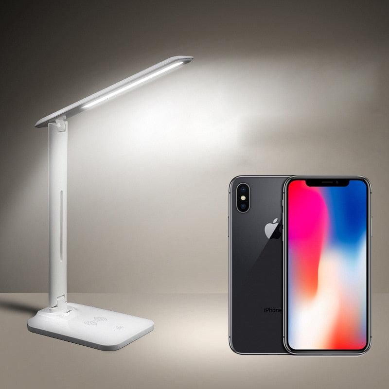10W LED Desk Lamp with phone Wireless Charger, USB Charging Port, Dimmable Eye-Caring Office Lamp for Work, Folding Design Decorative Table Lamp Cute Study Lamps for Bedroom Décor