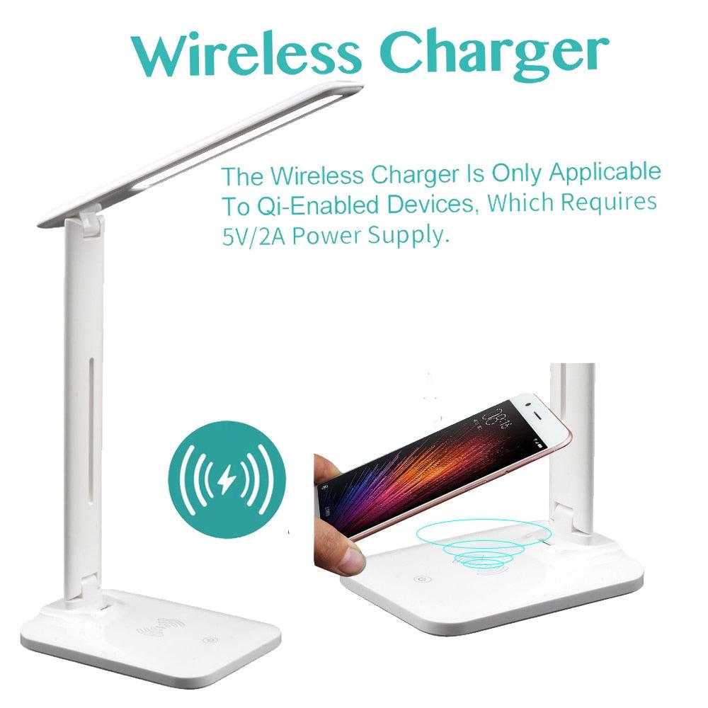 10W LED Desk Lamp with phone Wireless Charger, USB Charging Port, Dimmable Eye-Caring Office Lamp for Work, Folding Design Decorative Table Lamp Cute Study Lamps for Bedroom Décor