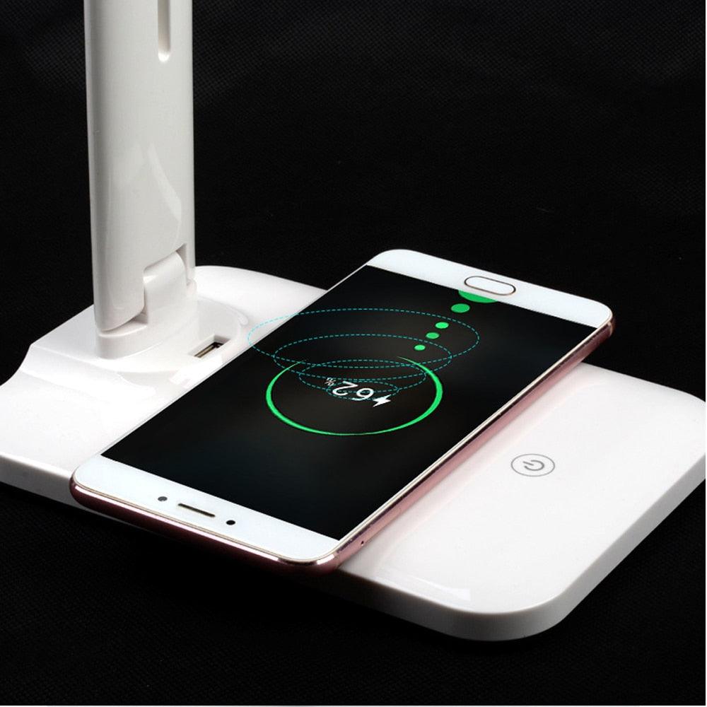 10W LED Desk Lamp with phone Wireless Charger, USB Charging Port, Dimmable Eye-Caring Office Lamp for Work, Folding Design Decorative Table Lamp Cute Study Lamps for Bedroom Décor