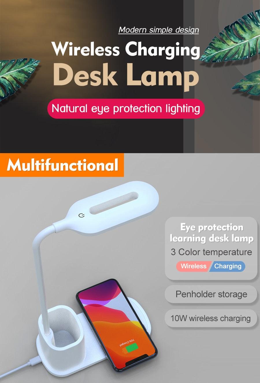 10W QI Quick Wireless Charging LED Desk Lamp Flexible Touch Dimmable Eye Protect Reading Table Light Bedroom Office Table Lamp Decorative Table Lamp Cute Study Lamps for Bedroom Décor