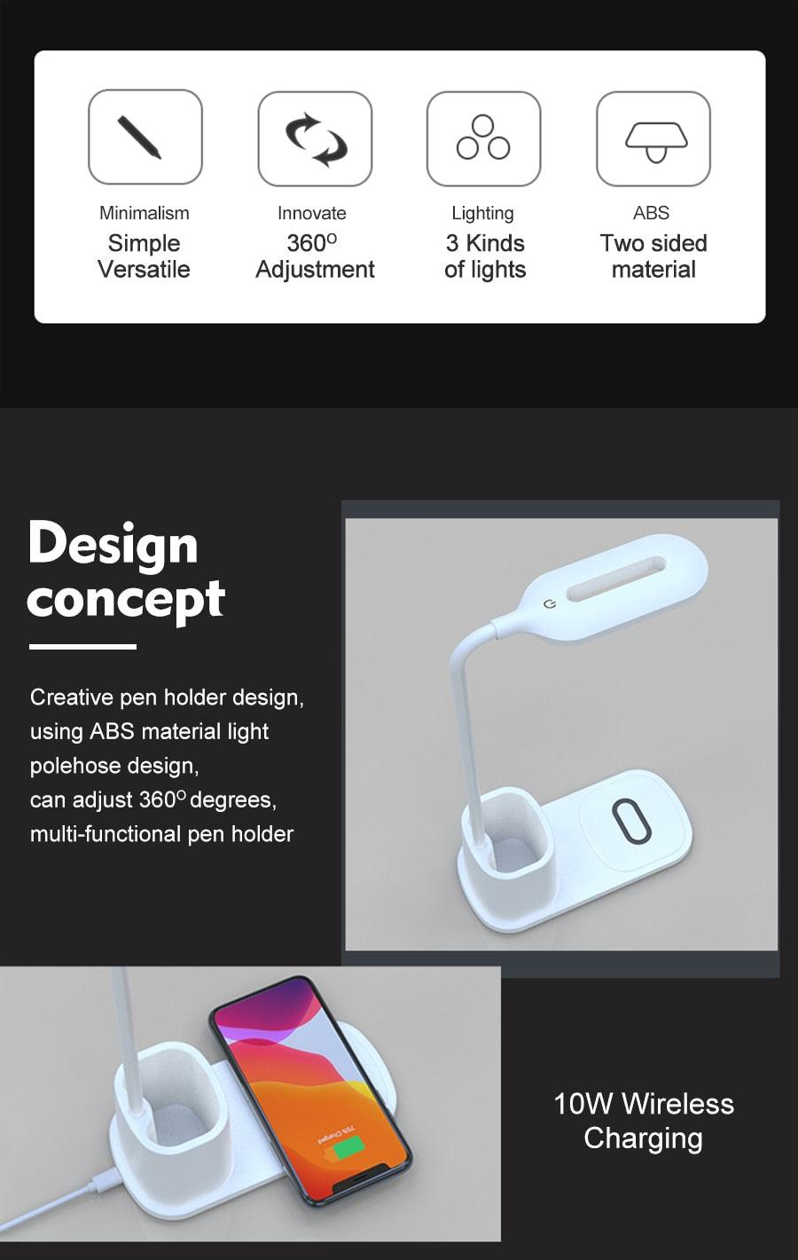 10W QI Quick Wireless Charging LED Desk Lamp Flexible Touch Dimmable Eye Protect Reading Table Light Bedroom Office Table Lamp Decorative Table Lamp Cute Study Lamps for Bedroom Décor