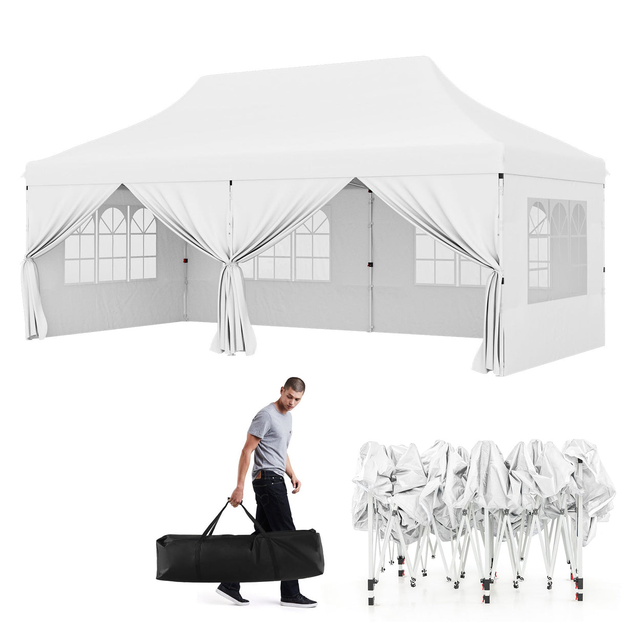 10 x 20 FT Pop up Canopy with 6 Sidewalls and Windows and Carrying Bag for Party Wedding Picnic-White by DirectDeals