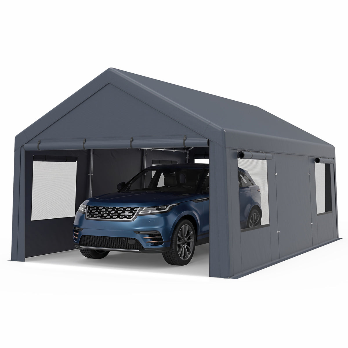 10x20 FT Portable Garage with 2 Doors & 4 Mesh Windows and PE Cover for Car-Gray