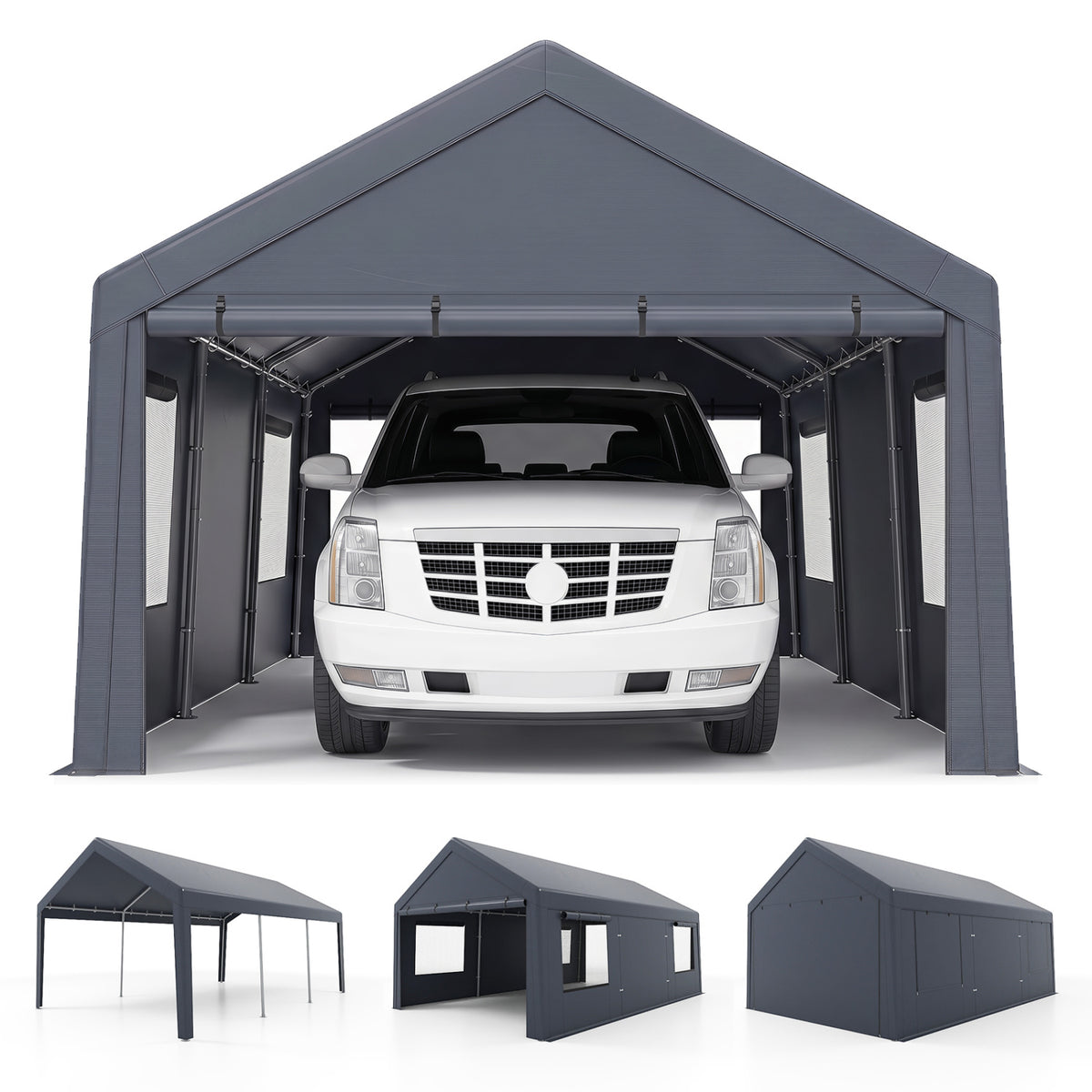 10x20 FT Portable Garage with 2 Doors & 4 Mesh Windows and PE Cover for Car-Gray