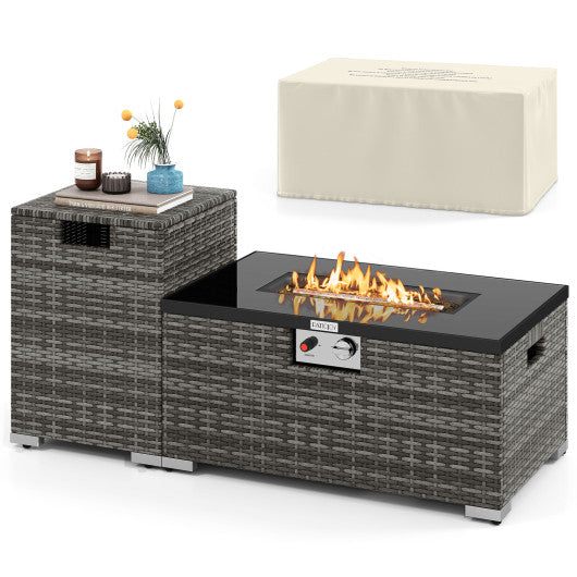 2-Piece Outdoor Rattan Fire Table Set 32 Inch Rectangle Gas Firepit with Tank Cover-Gray