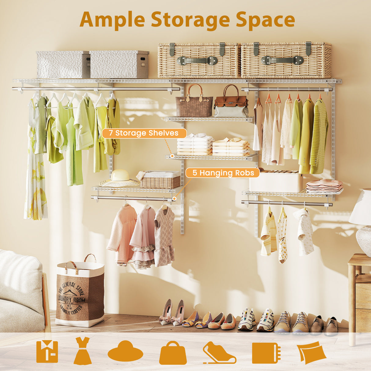 4-8 Feet Closet Organizers and Storage System with Hanging Rod for Laundry Bedroom-White