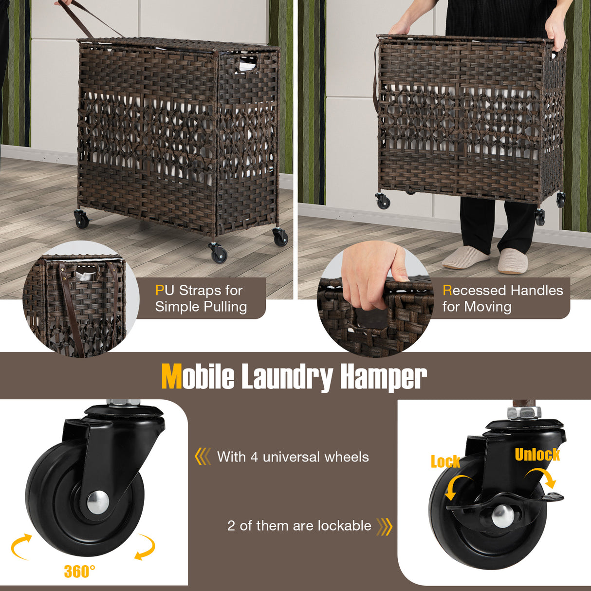 110L 2-Section Laundry Hamper with 2 Removable and Washable Liner Bags-Brown