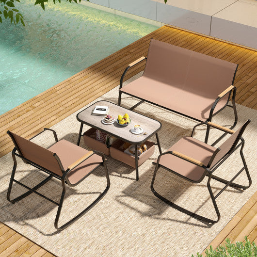 4 Pieces Patio Furniture Set with Rocking Bistro Chairs and Breathable Mesh Fabric-Coffee