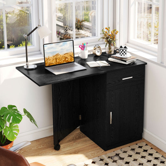 Folding Computer Desk with Drawer Mobile Home Office Desk with Cabinet-Black