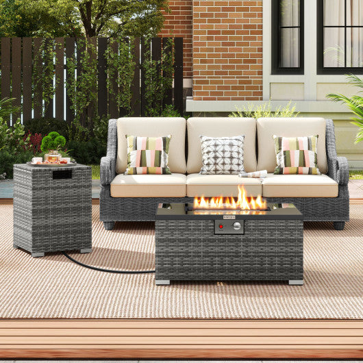 2-Piece Outdoor Rattan Fire Table Set 32 Inch Rectangle Gas Firepit with Tank Cover-Gray