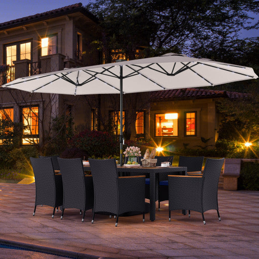 11 Pieces Patio Dining Set with LED Patio Umbrella with Base and Seat Cushions (Navy)-Beige