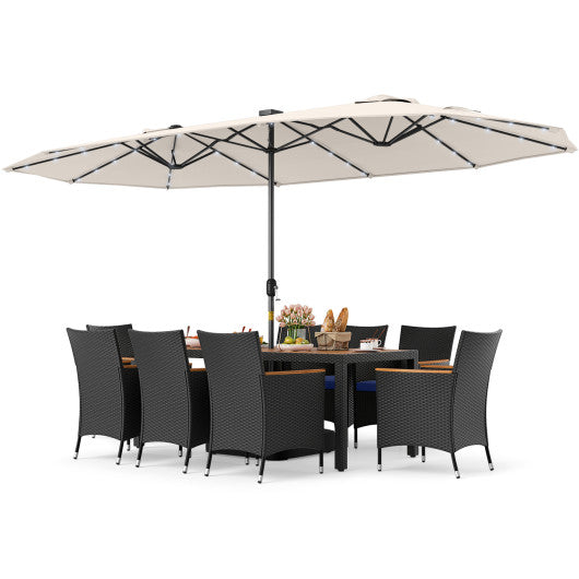 11 Pieces Patio Dining Set with LED Patio Umbrella with Base and Seat Cushions (Navy)-Beige