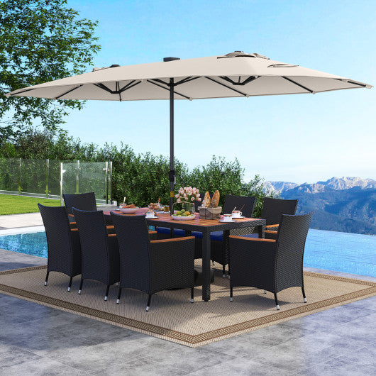 11 Pieces Patio Dining Set with LED Patio Umbrella with Base and Seat Cushions (Navy)-Beige