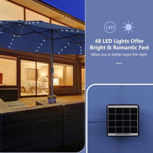 11 Pieces Patio Dining Set with LED Patio Umbrella with Base and Seat Cushions (Navy)-Gray