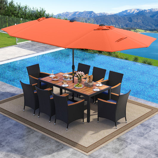 11 Pieces Patio Dining Set with LED Patio Umbrella with Base and Seat Cushions (Navy)-Orange