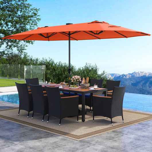 11 Pieces Patio Dining Set with LED Patio Umbrella with Base and Seat Cushions (Navy)-Orange