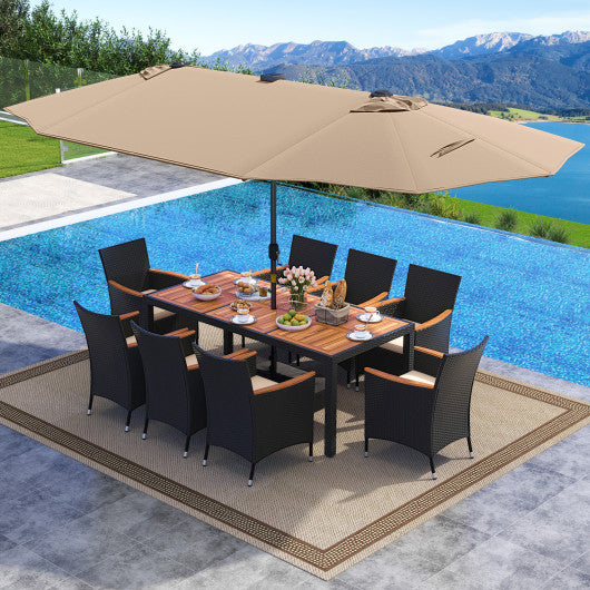 11 Pieces Patio Dining Set with LED Patio Umbrella with Base and Seat Cushions (Beige)-Coffee