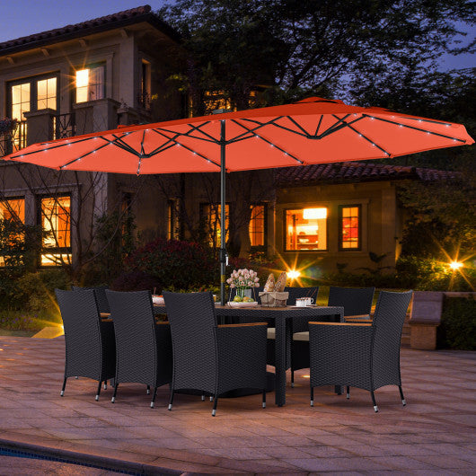 11 Pieces Patio Dining Set with LED Patio Umbrella with Base and Seat Cushions (Beige)-Orange