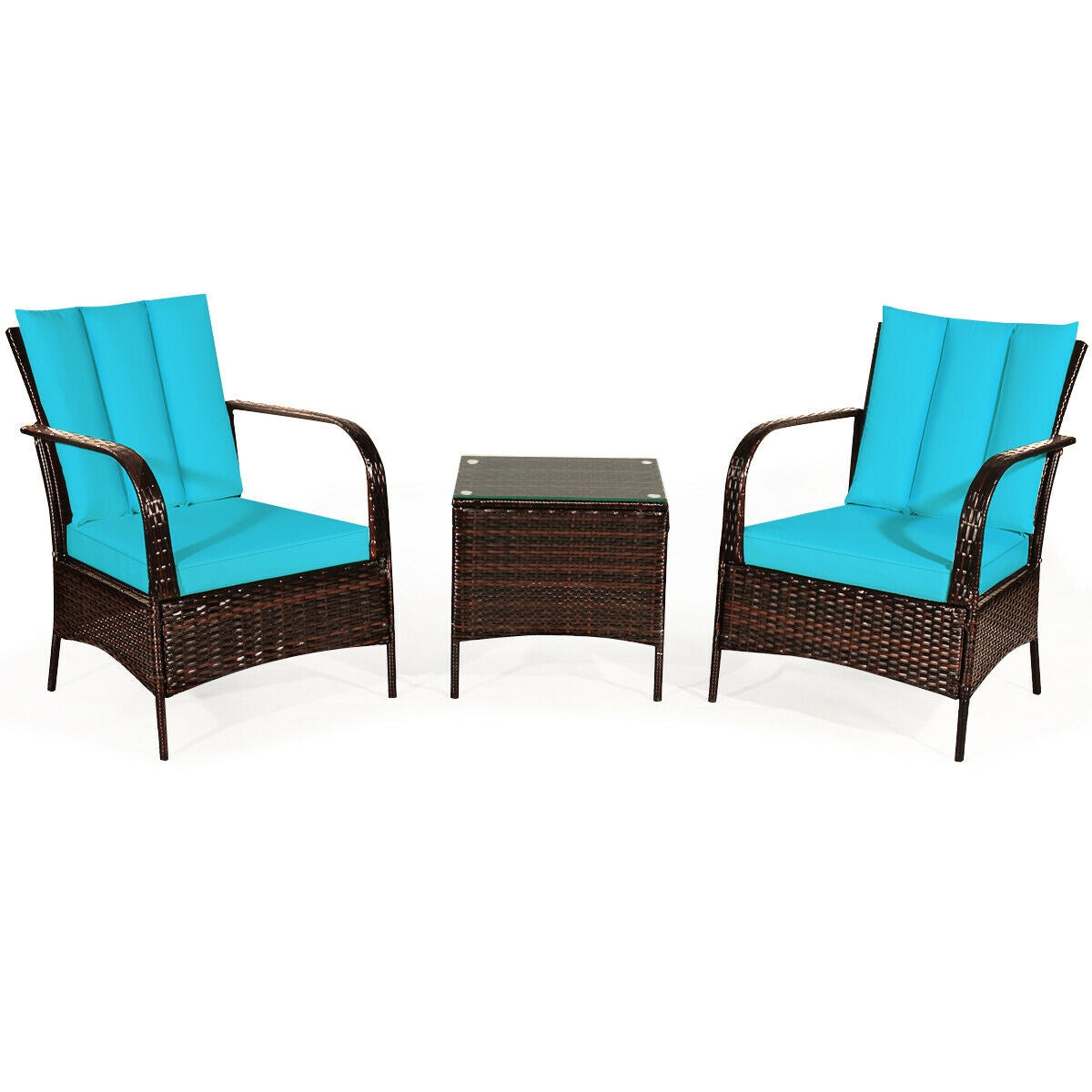 3 Pcs Patio Conversation Rattan Furniture Set with Glass Top Coffee Table and Cushions-Gray