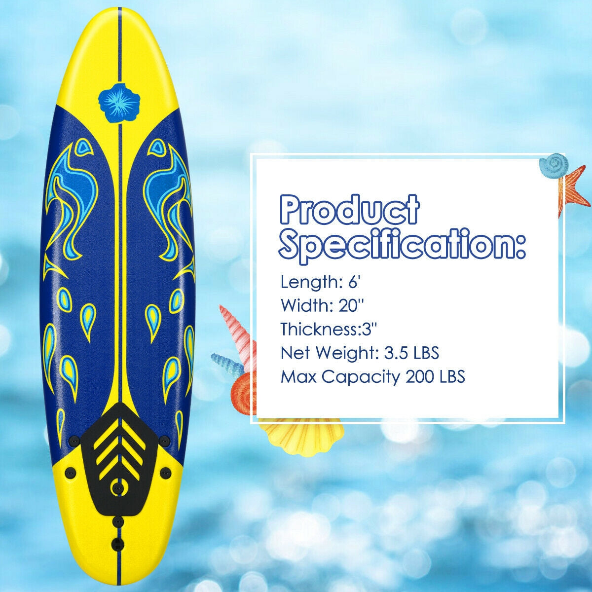 6 Feet Surfboard with 3 Detachable Fins-White