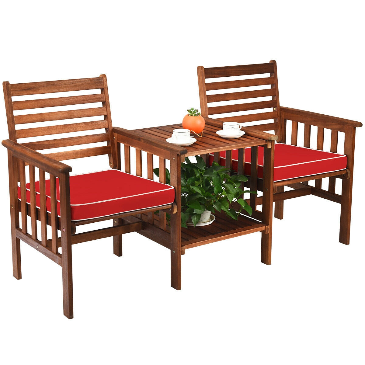 3 pcs Outdoor Patio Table Chairs Set Acacia Wood Loveseat-White