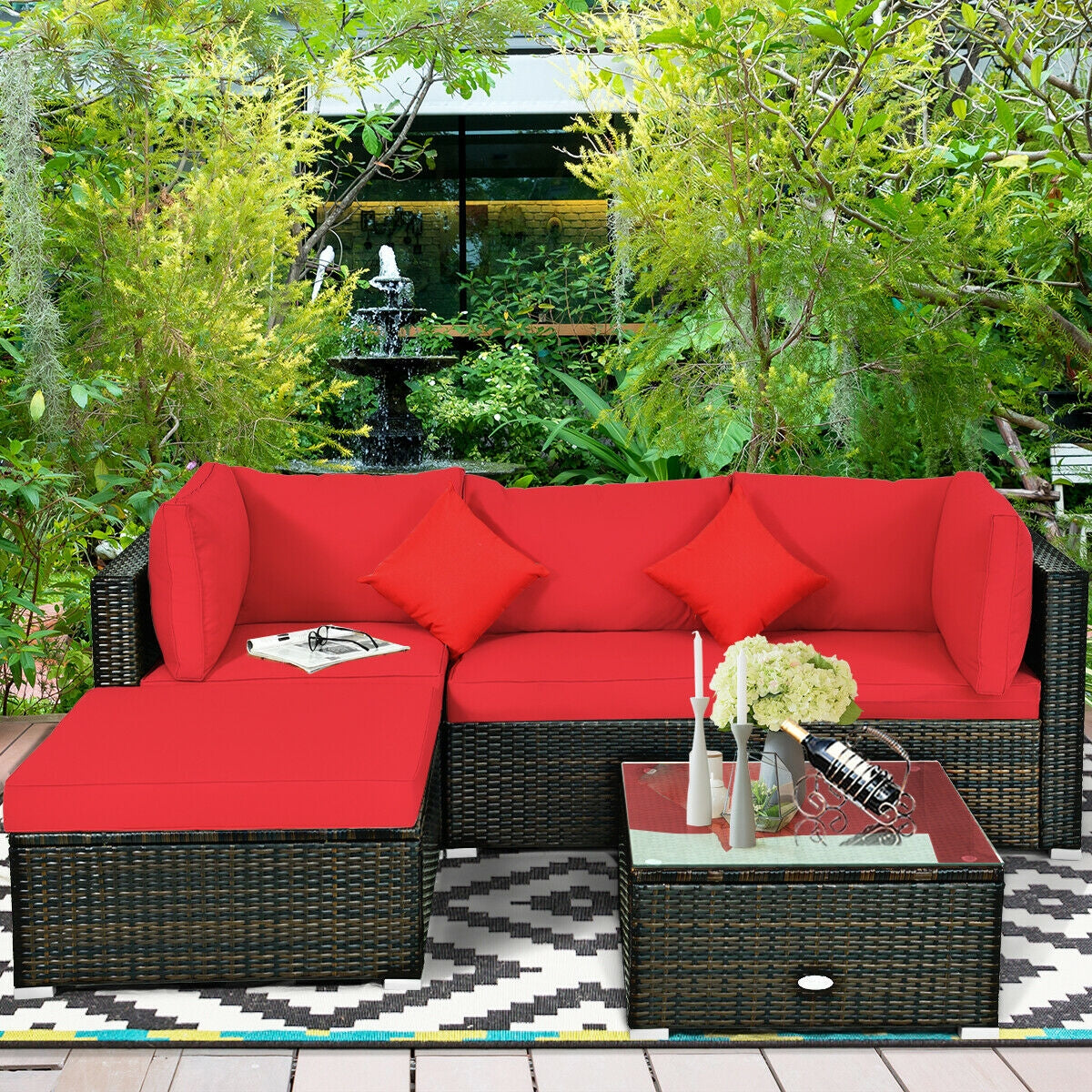 5 Pieces Outdoor Patio Rattan Furniture Set With Cushions-Beige