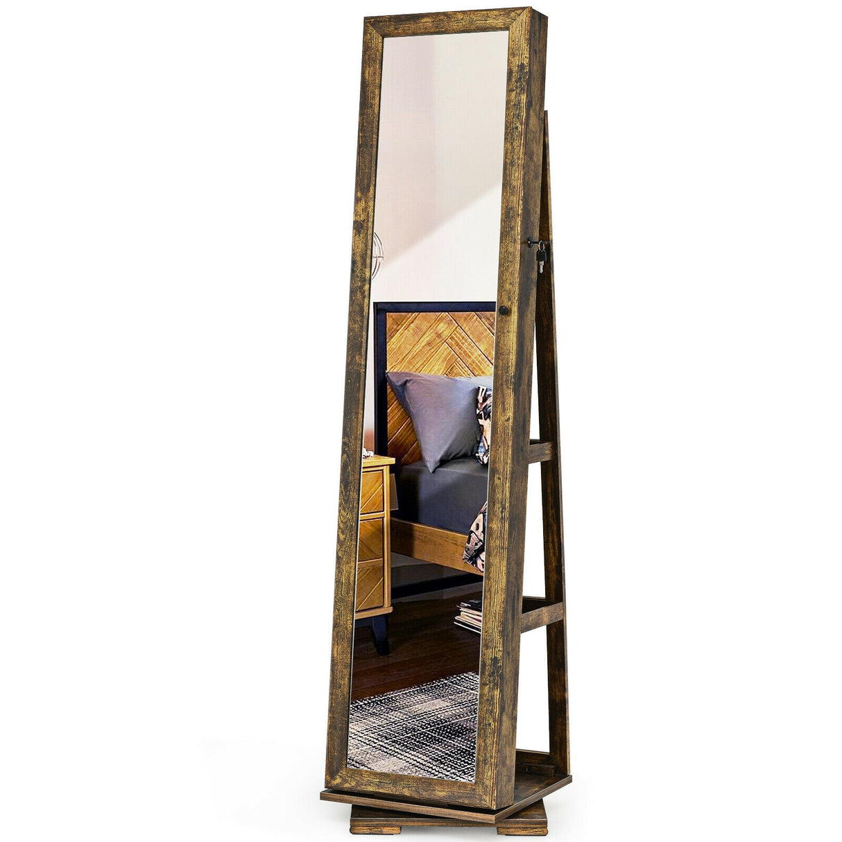 360 ° Rotatable 2-in-1 Lockable Jewelry Cabinet with Full-Length Mirror-Brown