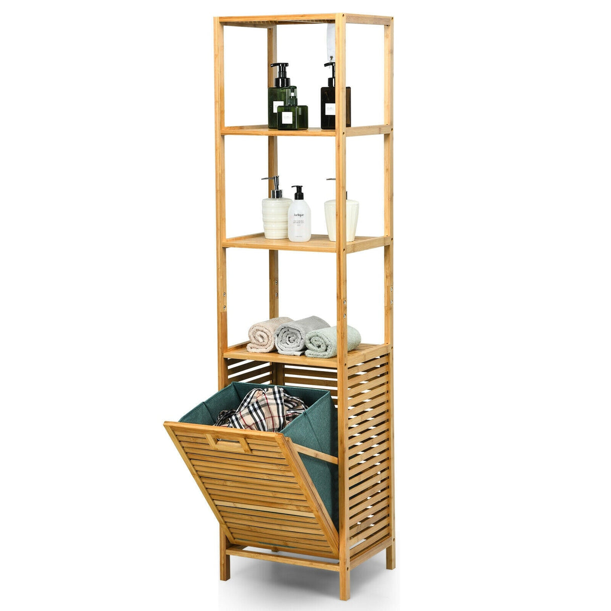 Bamboo Tower Hamper Organizer with 3-Tier Storage Shelves-Natural by DirectDeals