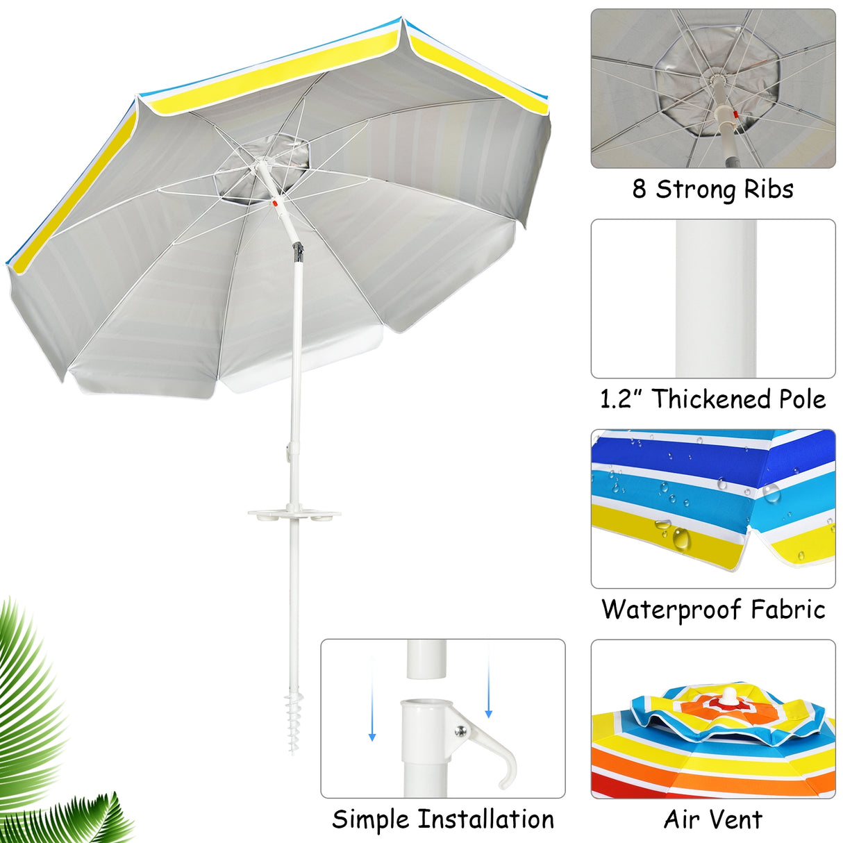 7.2 Feet Portable Outdoor Beach Umbrella with Sand Anchor and Tilt Mechanism-Multicolor