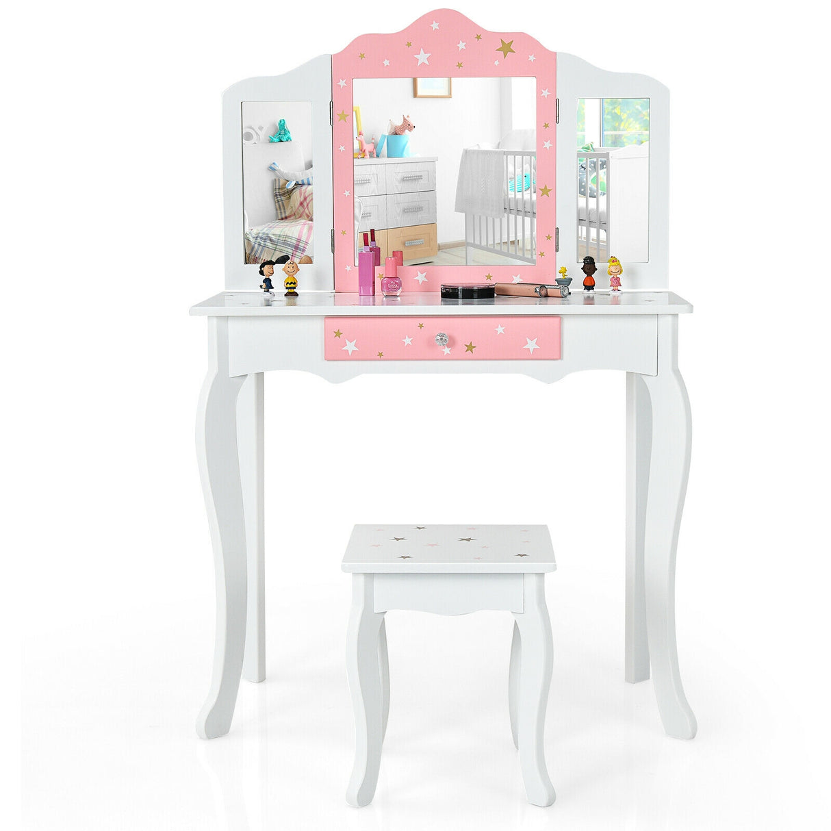 Kids Princess Vanity Table and Stool Set with Tri-folding Mirror and Drawer-Pink