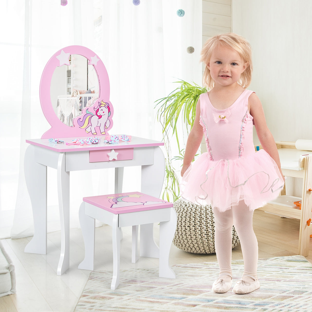 Kids Wooden Makeup Dressing Table and Chair Set with Mirror and Drawer-Pink